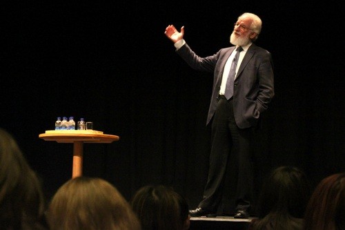 Professor David Crystal delivers his talks to students in Strode Theatre
